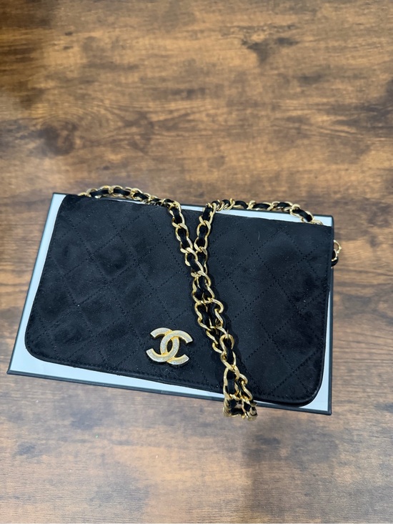 CHANEL Handbags - CHANEL Black Quilted Suede Chain Crossbody with Gold Hardware